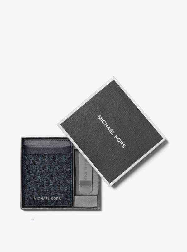 Panske Penazenky Michael Kors Logo Card Case with Bill Clip Modre - Doplnky Michael Kors Obchod | LXEUQ-4123